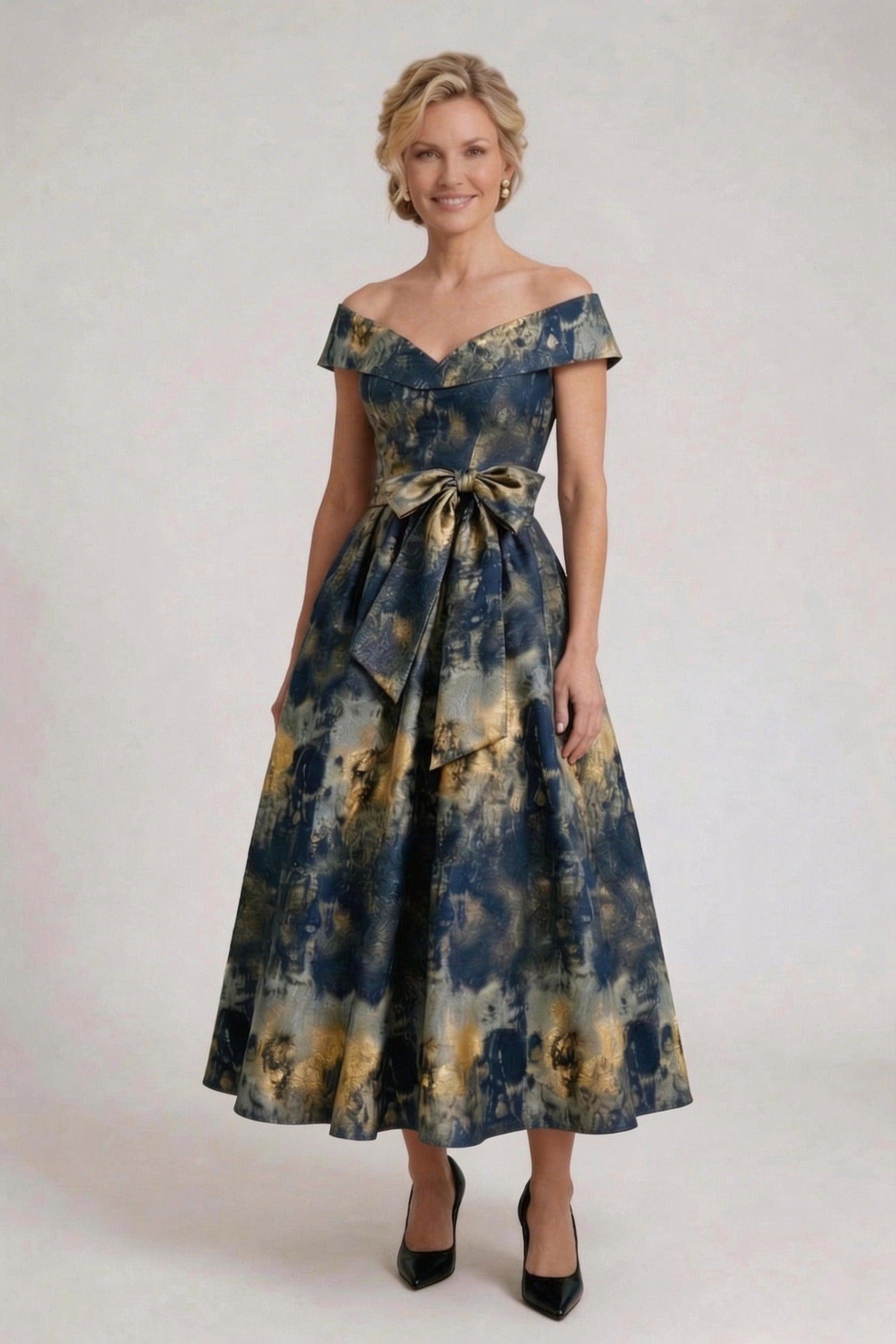 A-Line Tea-Length Jacquard Mother of the Bride Dress CM0427 - Dark Navy Floral - COCOMELODY